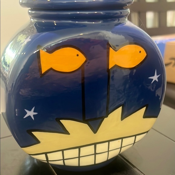 Alison Palmer Pottery Ceramic Grinning Cat Head With Fish Eyes Cookie Jar - Picture 2 of 8